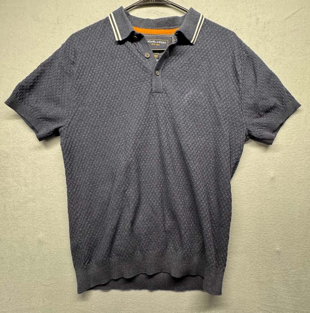 Nickel & Iron New York Men's Blue Honeycomb Knit Short Sleeve Polo Shirt Size M